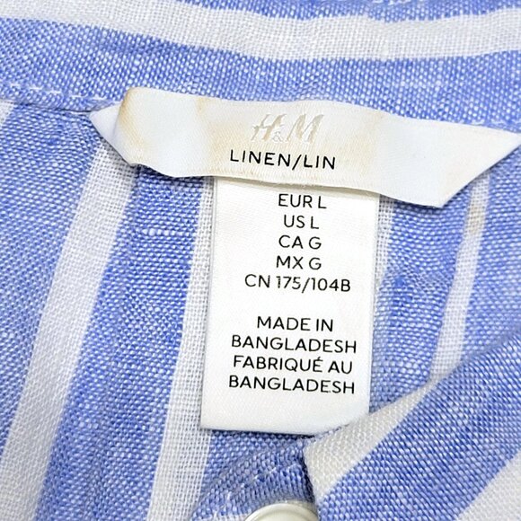 H&M Womens 100% Linen Button Down Top Size L Short Sleeve Blue Striped Coastal - Picture 9 of 11